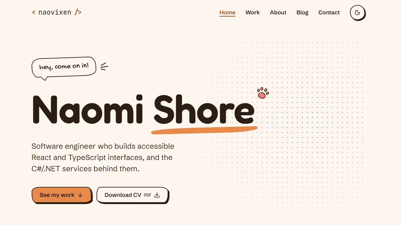 The home page in light mode: a speech bubble saying 'hey, come on in!' above the name Naomi Shore in large type, the surname underlined in orange, a one-line summary and two buttons, See my work and Download CV.
